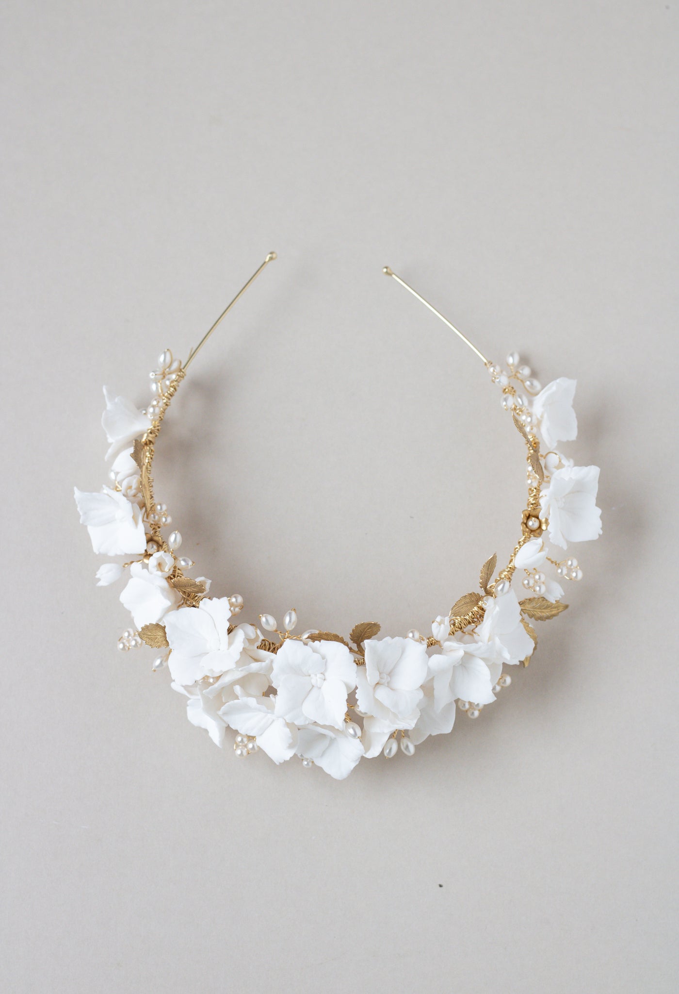 gold clay flower wedding crown by megan therese