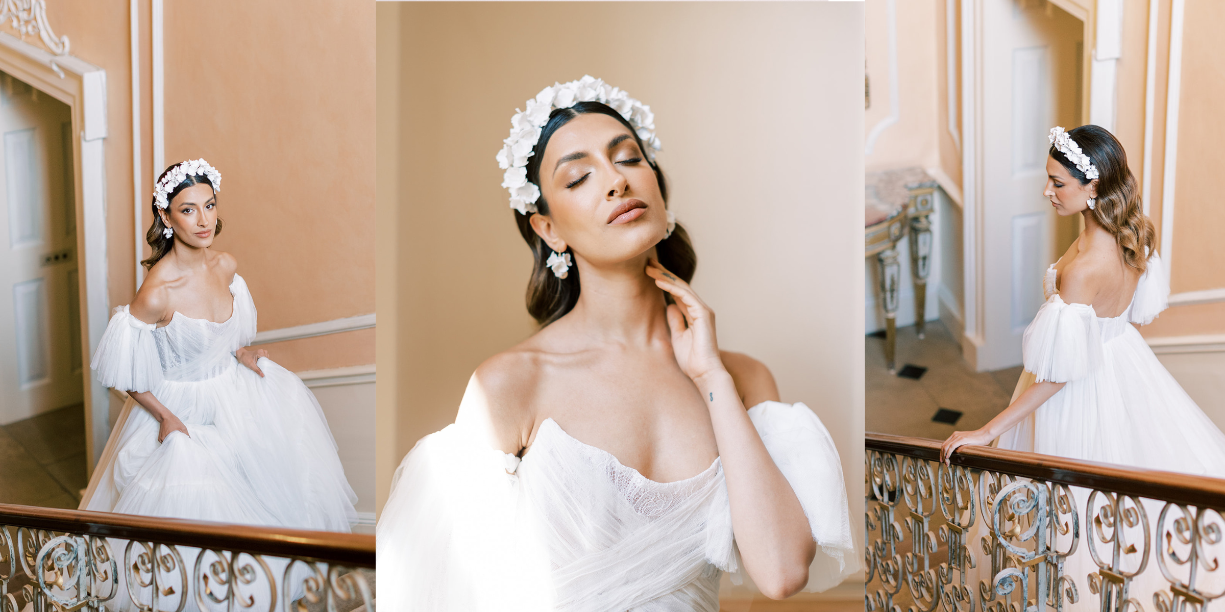 Collage of bride wearing statement clay bridal accessories by megan therese