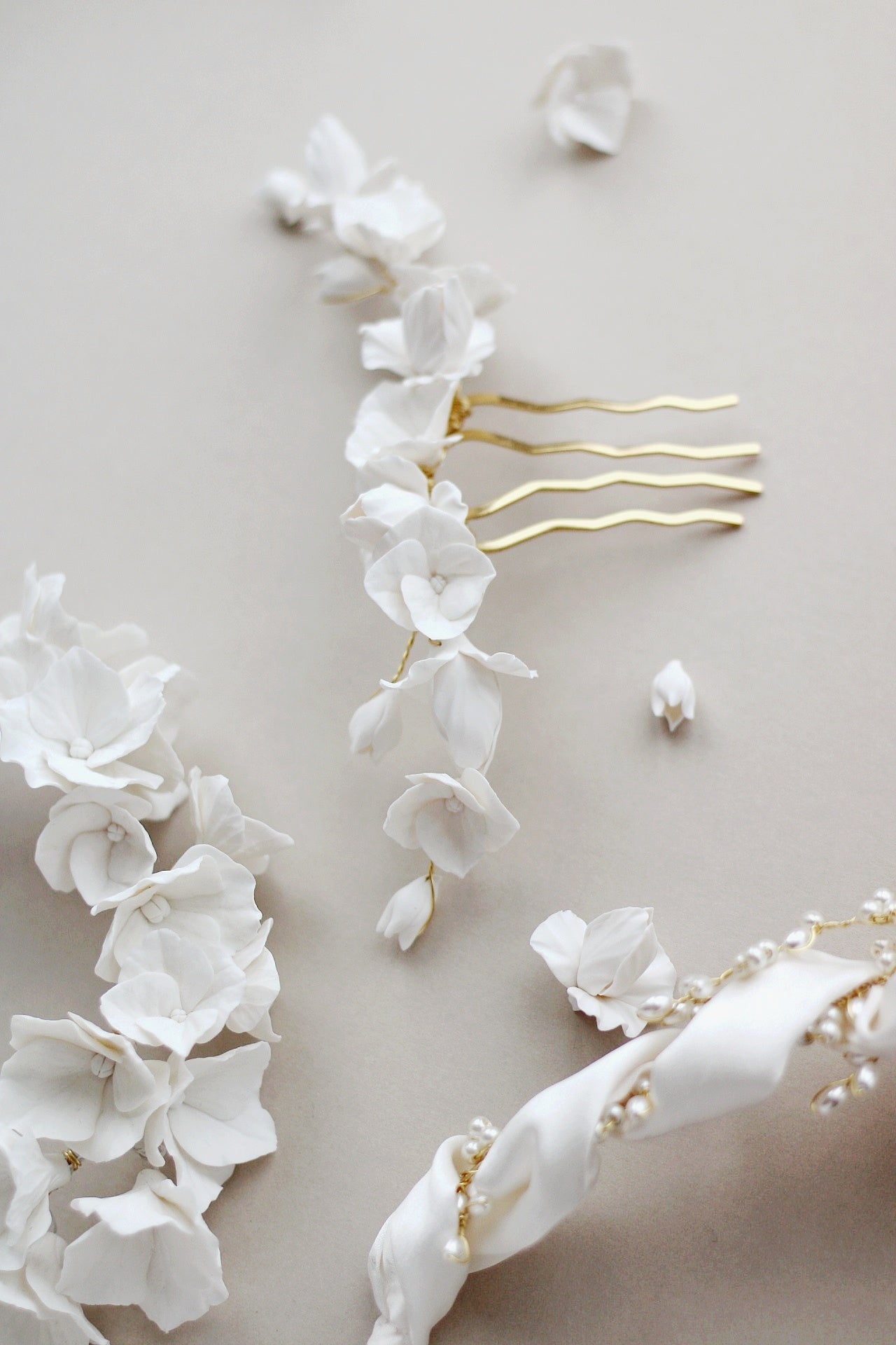 handcrafted clay flower wedding headpiece by megan therese