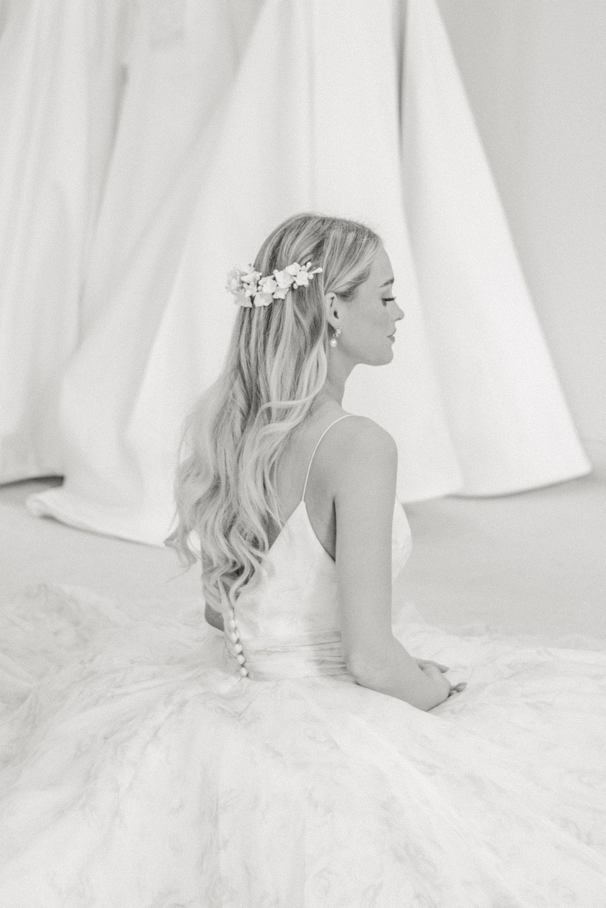 fine art wedding portrait of bridal wearing couture dress and headpiece