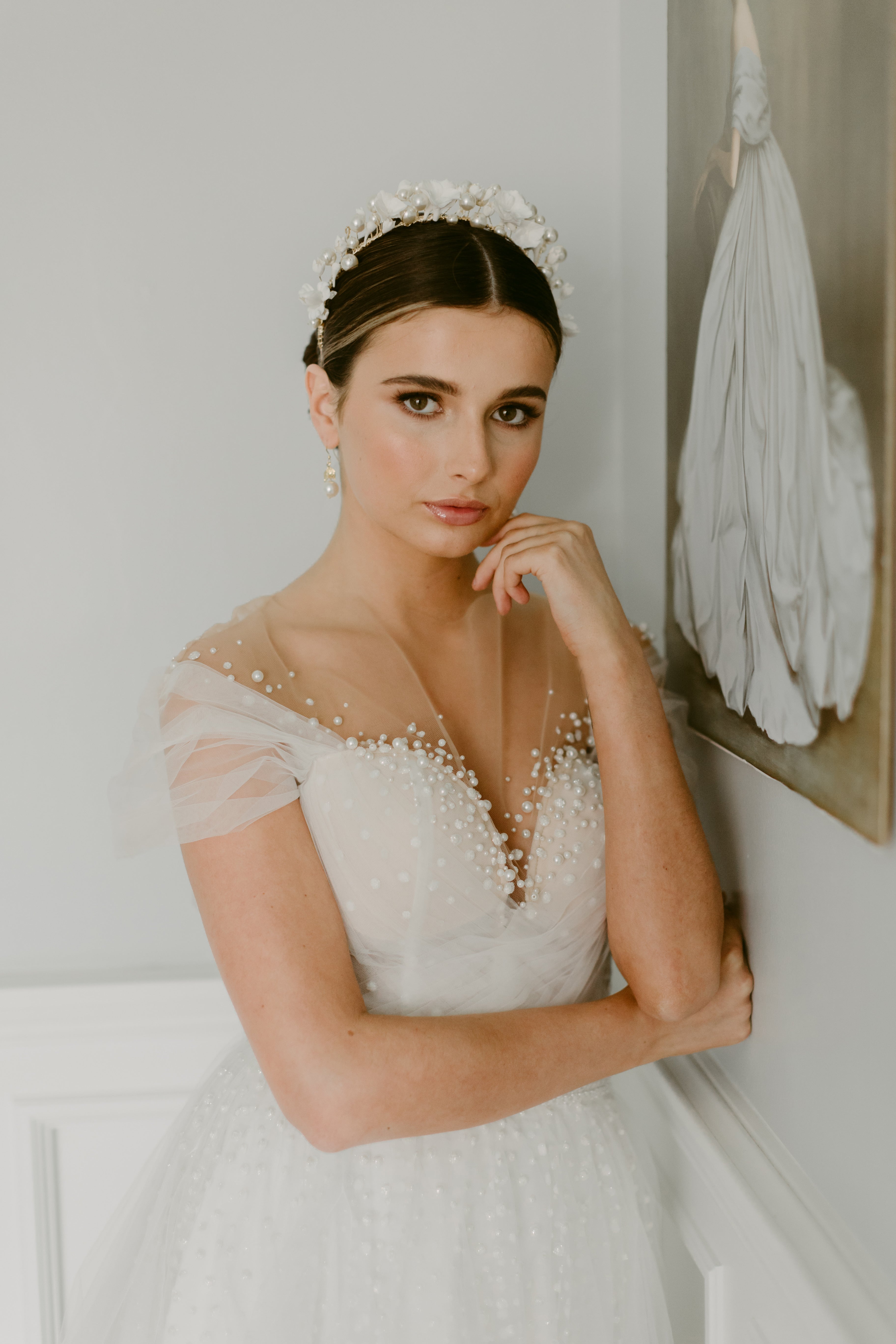 luxury pearl and clay bridal crown by megan therese