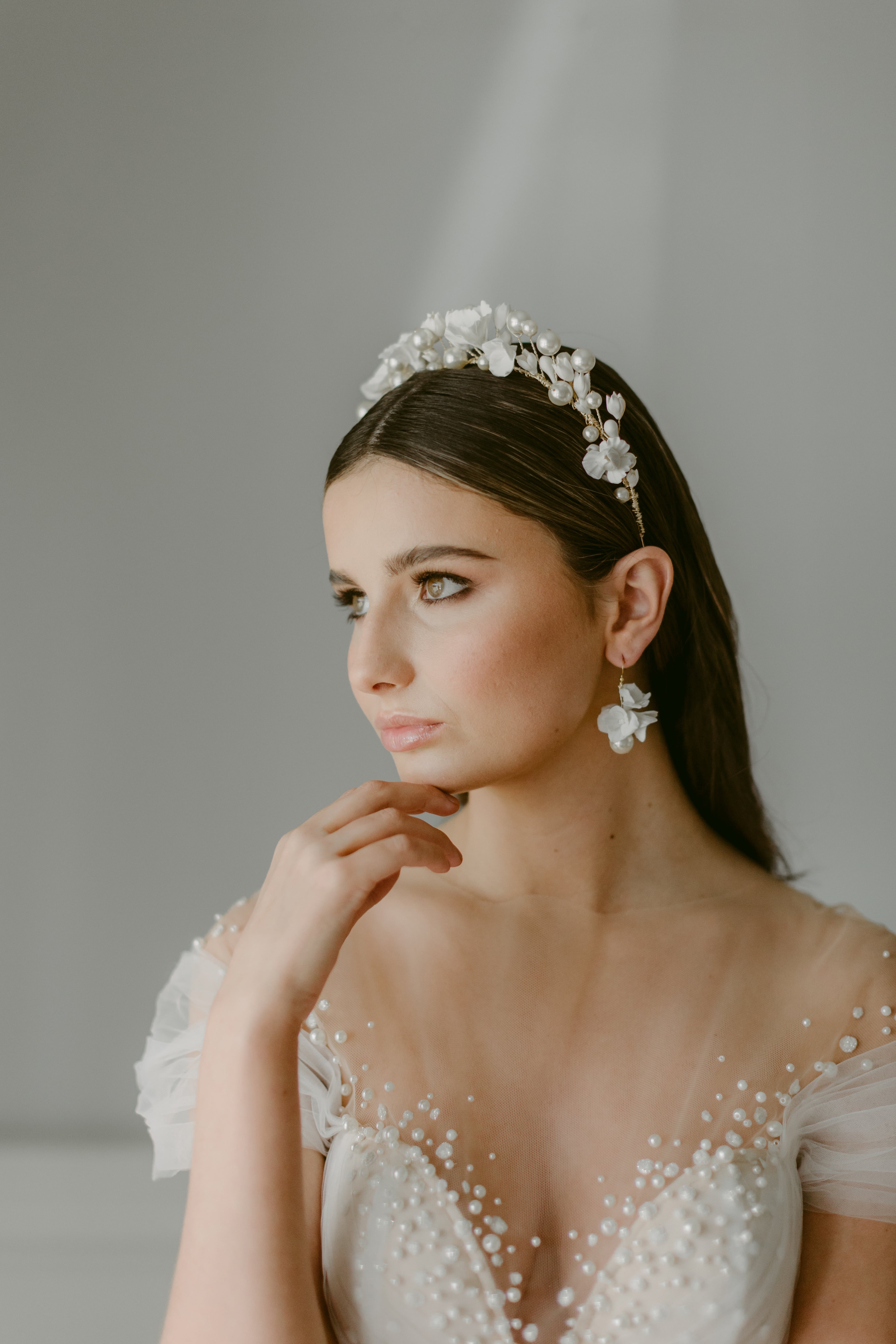 luxury pearl and clay bridal crown and earring set by megan therese