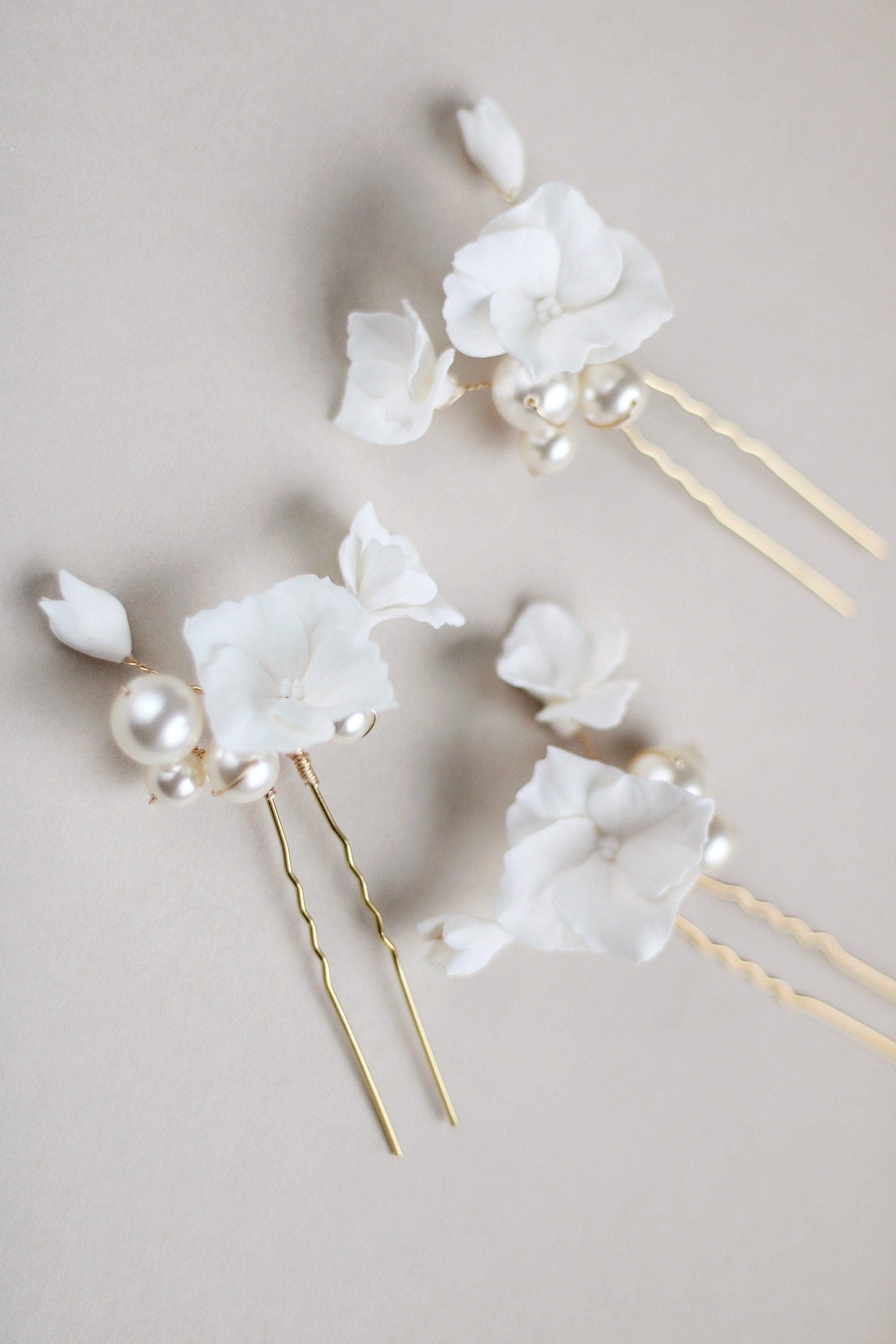 set of three handmade clay bridal hair pins with pearls