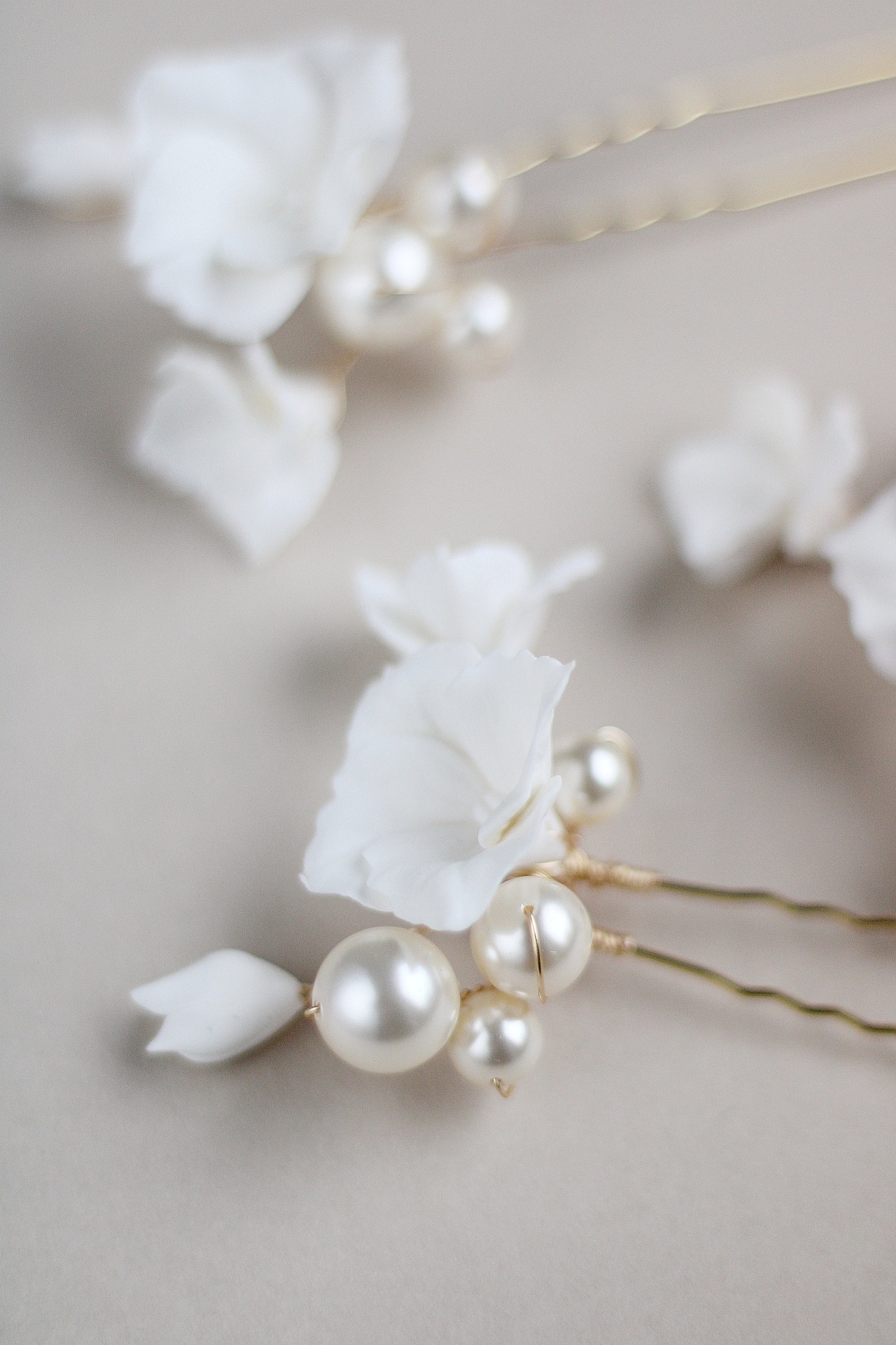 luxury clay flower and pearl bridal hair pins