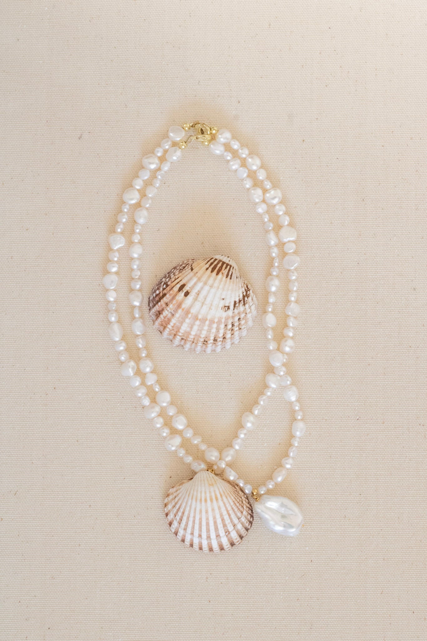 A double-strand pearl necklace featuring natural scallop shell pendants and a small white pearl bead, displayed on a neutral beige background.