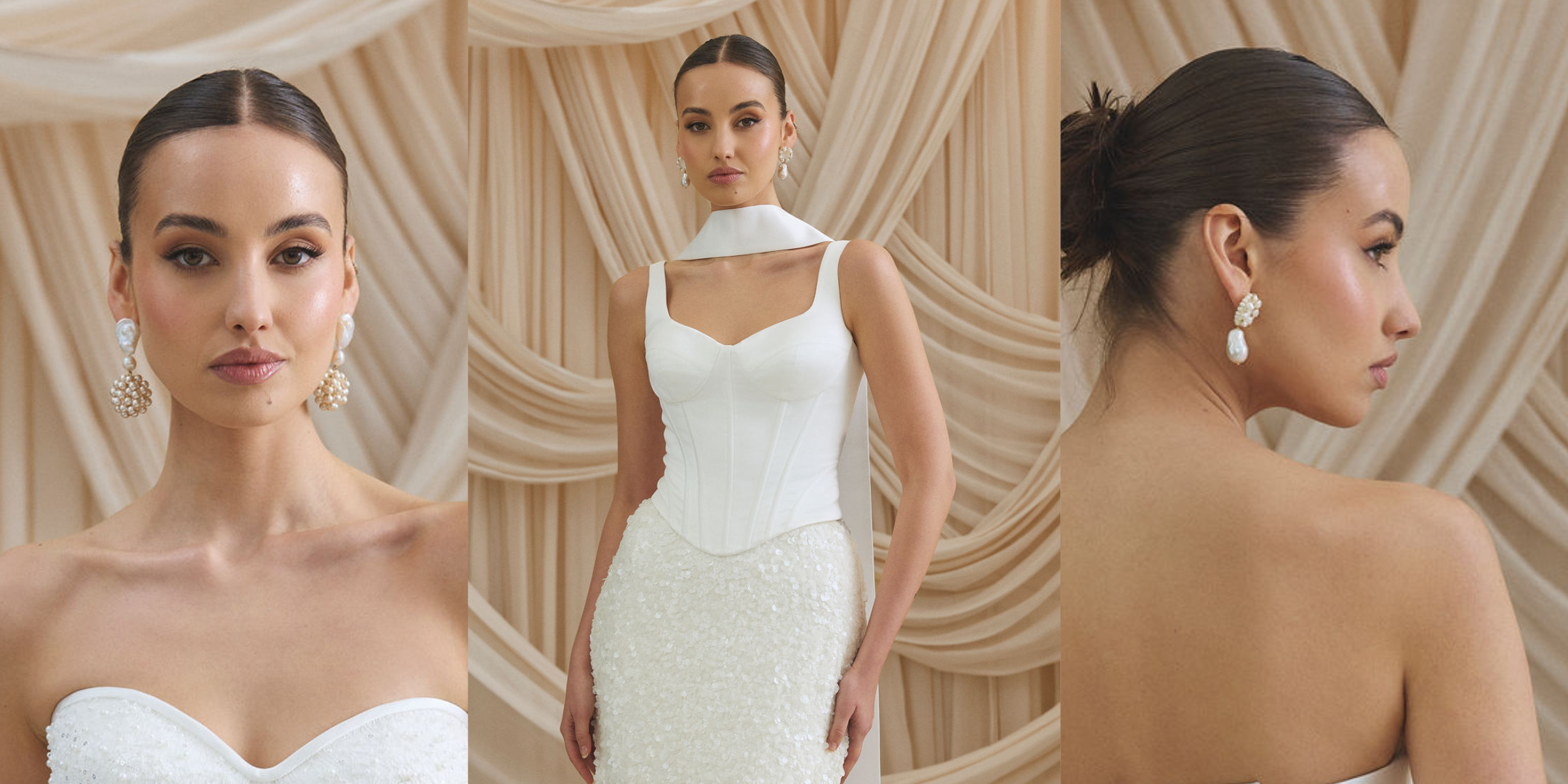 Woman in statement pearl wedding earrings with a draped curtain background