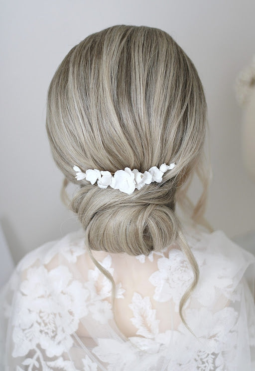 handmade flower clay bridal comb by megan therese